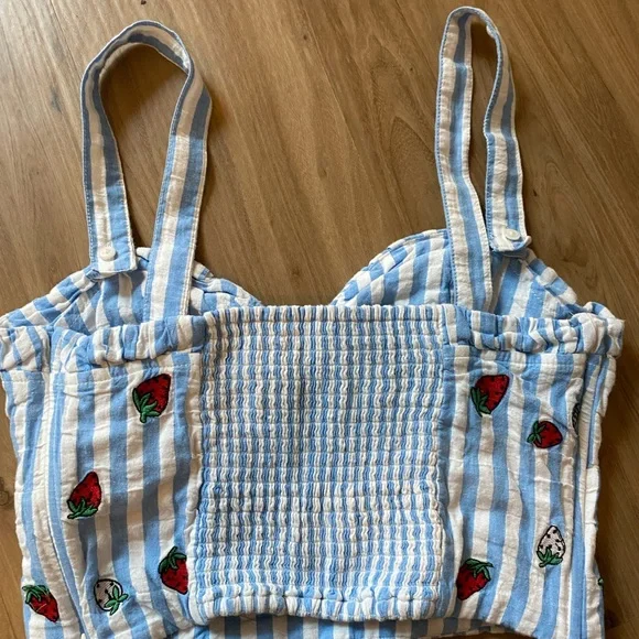 Anthropologie Blue & White Striped Strawberry Embroidered Cropped Tank - Picture 4 of 9